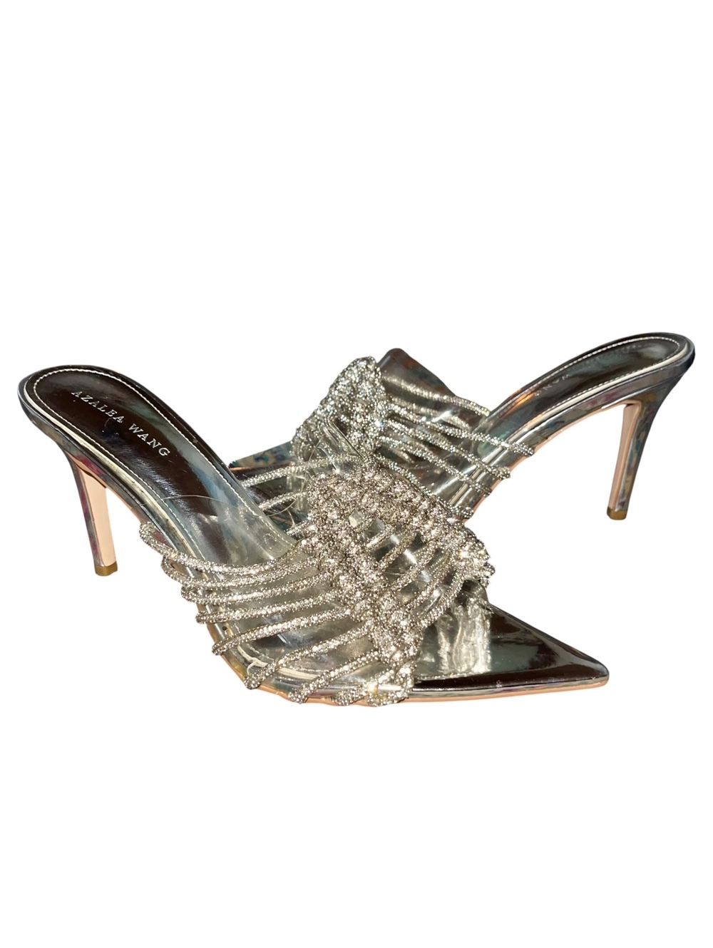 Azalea Wang Silver Mules 7 Pointed Toe Strappy Heels Rhinestone Sparkle Stiletto